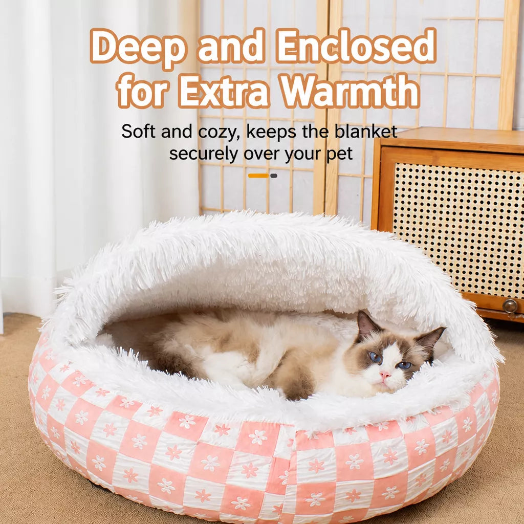 Enclosed Plush Pet Bed for Cats and Small Dogs