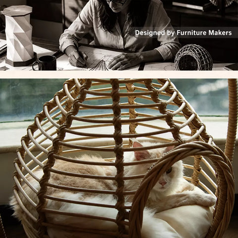 Handwoven Rattan Hanging Cat Bed with Cushion