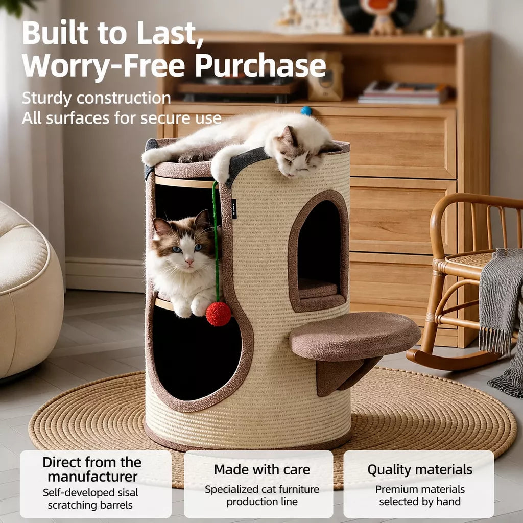 Sisal Cat Scratching Barrel Tower with Enclosed Hideaway