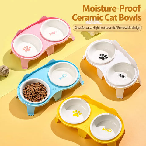 Ceramic Double Cat Bowl Set with Stand for Food and Water