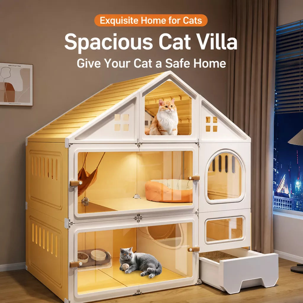 Multi-Level Cat Condo with Enclosed Spaces and Litter Box Area
