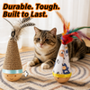 Linen Tumbler Toy for Cats and Dogs with Feather Pieces and Solid Wood Base