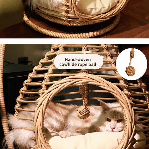 Handwoven Rattan Hanging Cat Bed with Cushion
