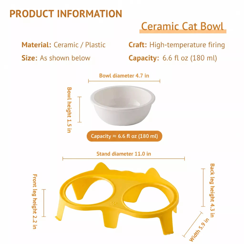 Ceramic Double Cat Bowl Set with Stand for Food and Water