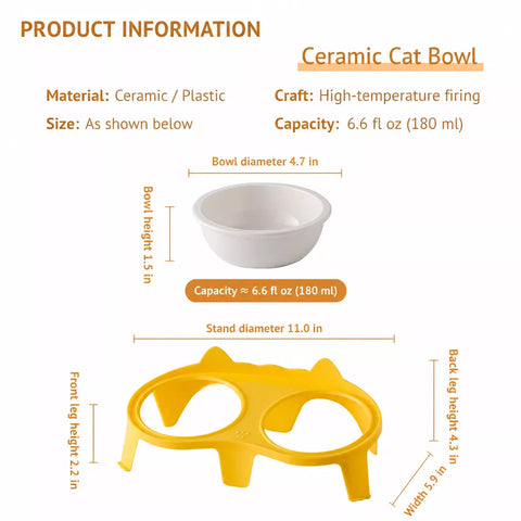 Ceramic Double Cat Bowl Set with Stand for Food and Water
