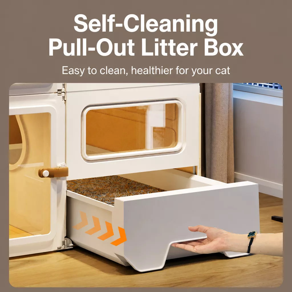 Multi-Level Cat Condo with Enclosed Spaces and Litter Box Area