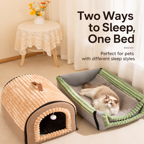Enclosed Pet Bed with Door Curtain for Cats and Dogs