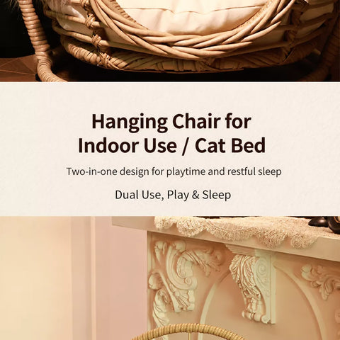 Handwoven Rattan Hanging Cat Bed with Cushion