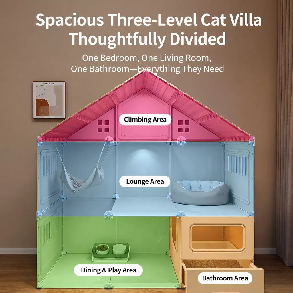 Multi-Level Cat Condo with Enclosed Spaces and Litter Box Area
