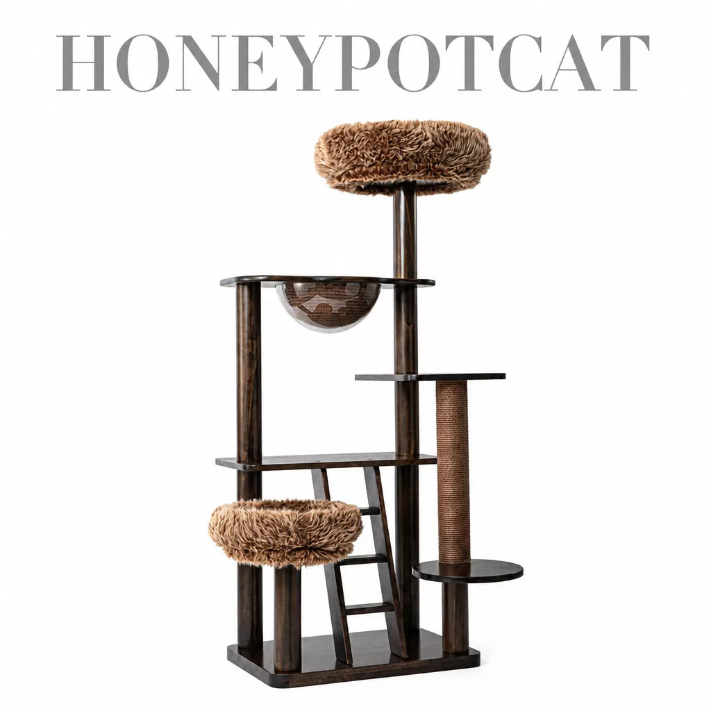 Rubberwood Cat Tree with Removable Hideaway Bed