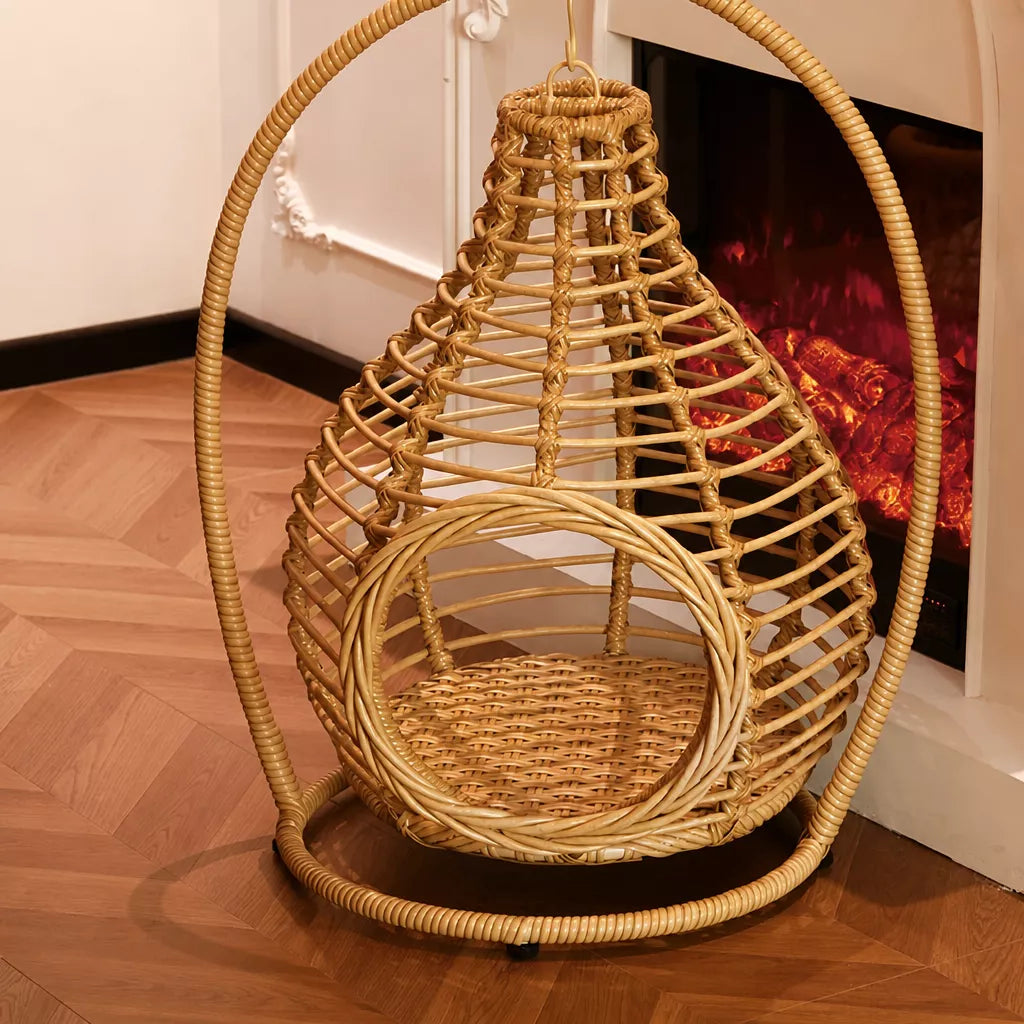 Handwoven Rattan Hanging Cat Bed with Cushion