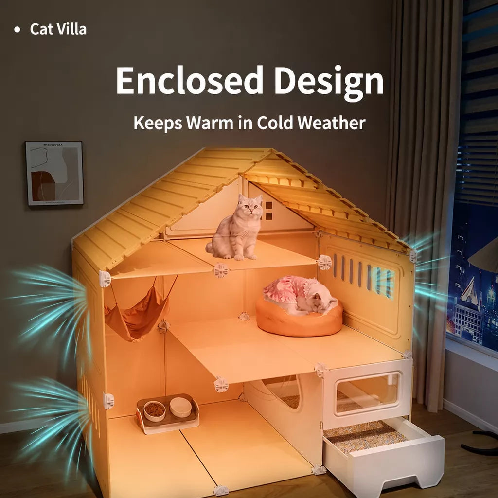 Multi-Level Cat Condo with Enclosed Spaces and Litter Box Area