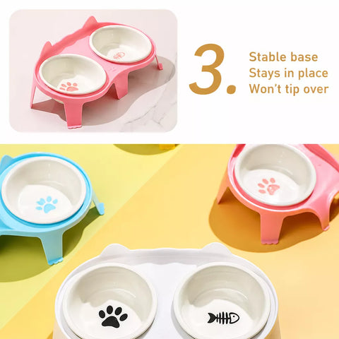 Ceramic Double Cat Bowl Set with Stand for Food and Water