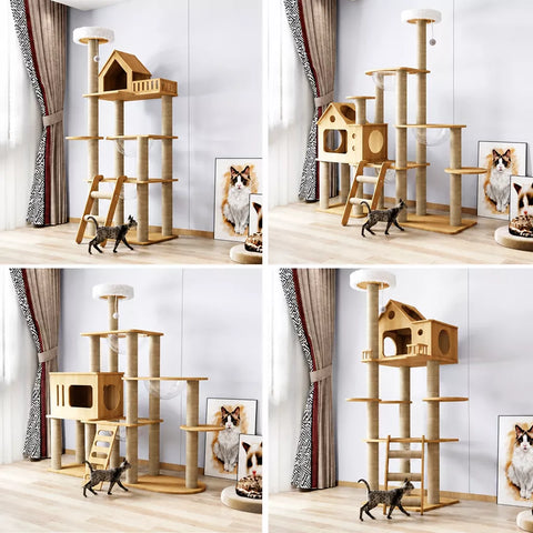 Multi-Level Solid Wood Cat Tree with Scratching Posts