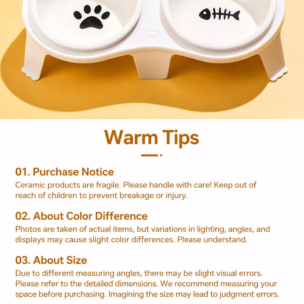 Ceramic Double Cat Bowl Set with Stand for Food and Water
