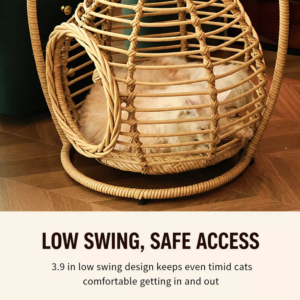 Handwoven Rattan Hanging Cat Bed with Cushion