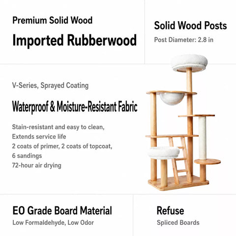 Rubberwood Cat Tree with Removable Hideaway Bed