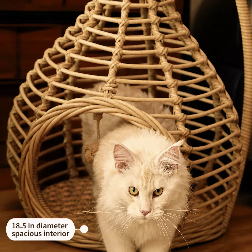 Handwoven Rattan Hanging Cat Bed with Cushion