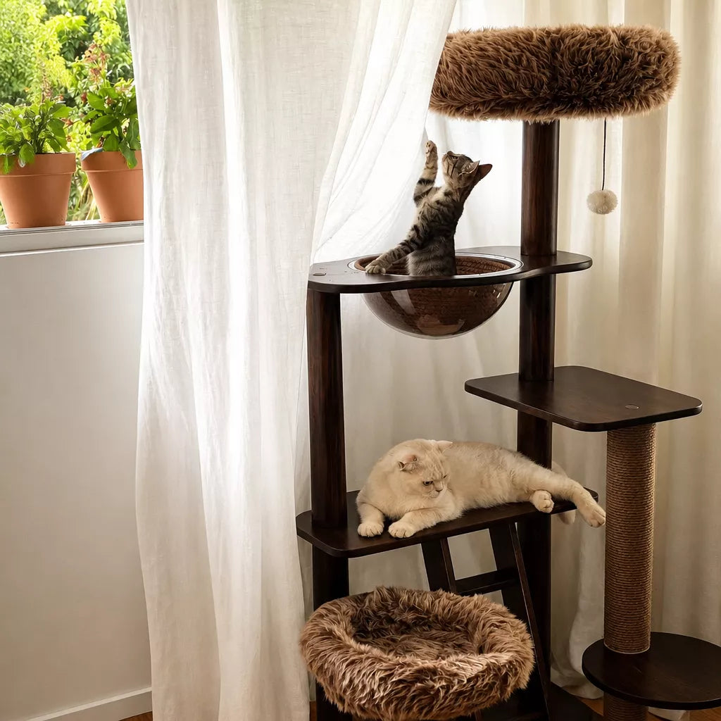 Rubberwood Cat Tree with Removable Hideaway Bed