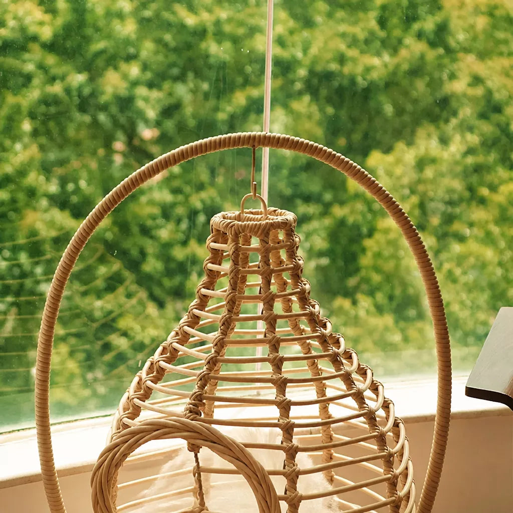 Handwoven Rattan Hanging Cat Bed with Cushion