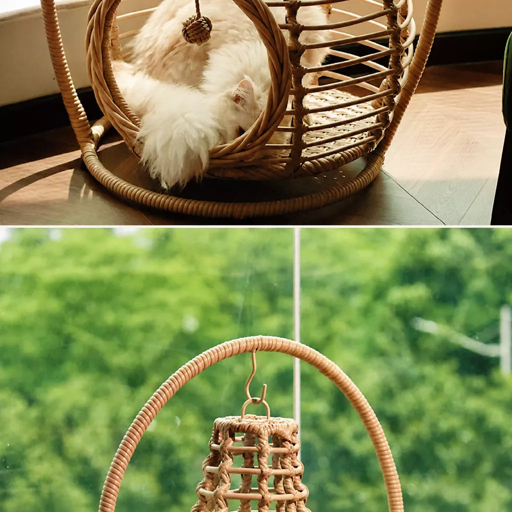 Handwoven Rattan Hanging Cat Bed with Cushion