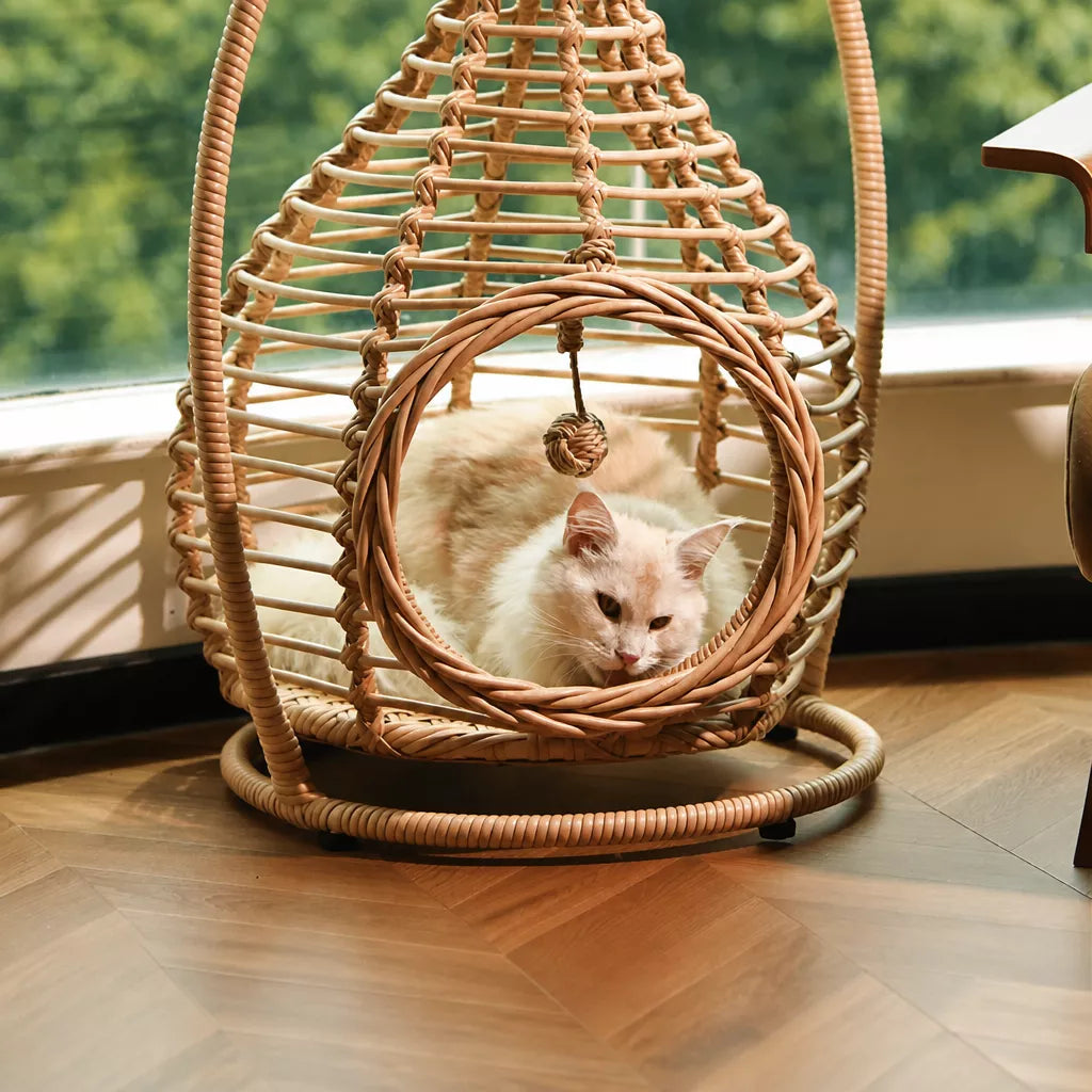 Handwoven Rattan Hanging Cat Bed with Cushion