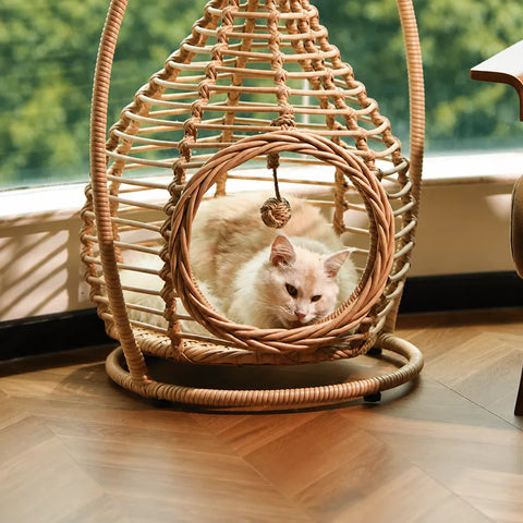 Handwoven Rattan Hanging Cat Bed with Cushion