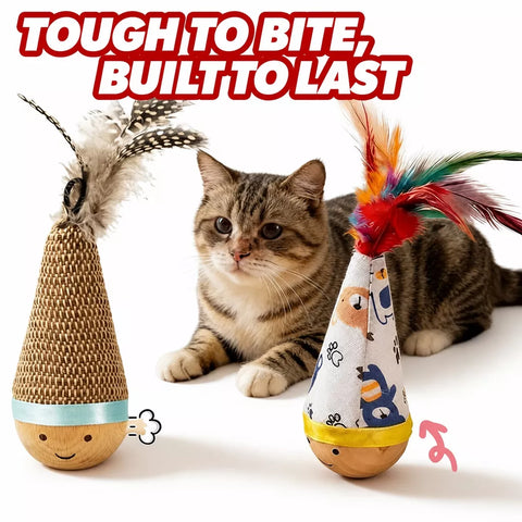 Burlap Feather Tumbler Toy with Solid Wood Base for Cats & Dogs
