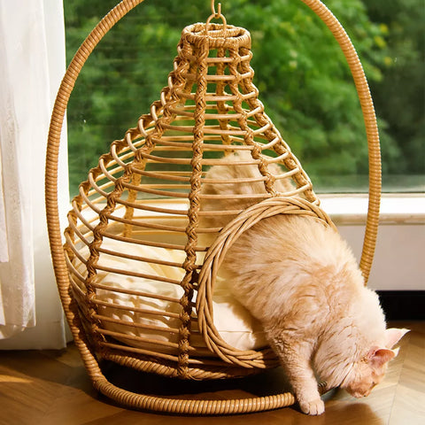 Handwoven Rattan Hanging Cat Bed with Cushion