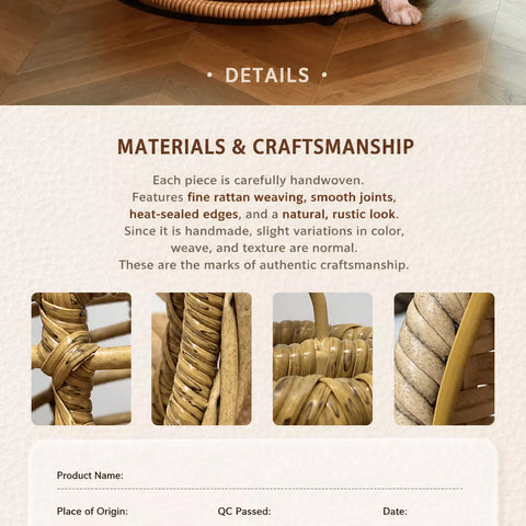 Handwoven Rattan Hanging Cat Bed with Cushion
