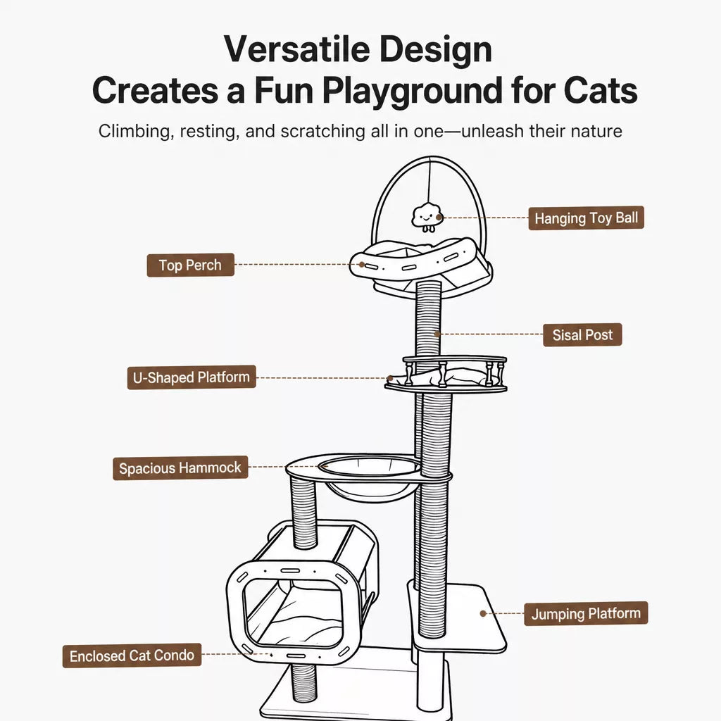 Cat Tree with Hideaway, Scratching Post & Hanging Toy