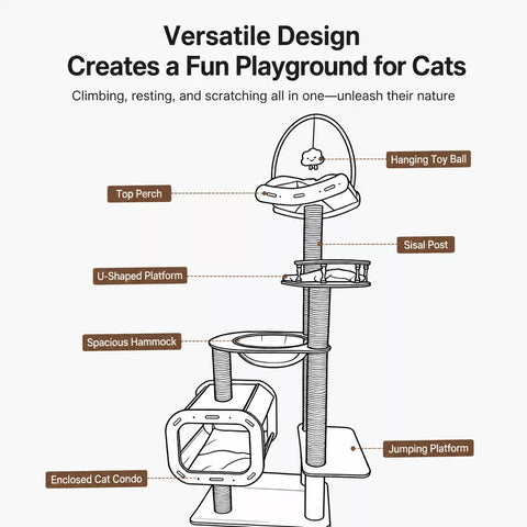 Cat Tree with Hideaway, Scratching Post & Hanging Toy