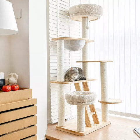 Rubberwood Cat Tree with Removable Hideaway Bed