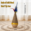 Linen Tumbler Toy for Cats and Dogs with Feather Pieces and Solid Wood Base