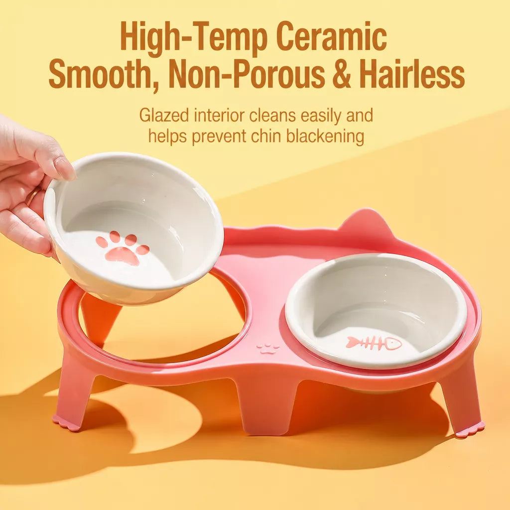 Ceramic Double Cat Bowl Set with Stand for Food and Water