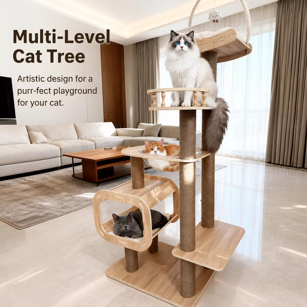 Cat Tree with Hideaway, Scratching Post & Hanging Toy