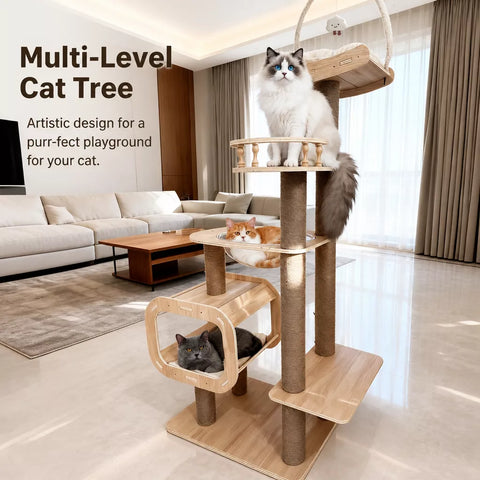 Cat Tree with Hideaway, Scratching Post & Hanging Toy