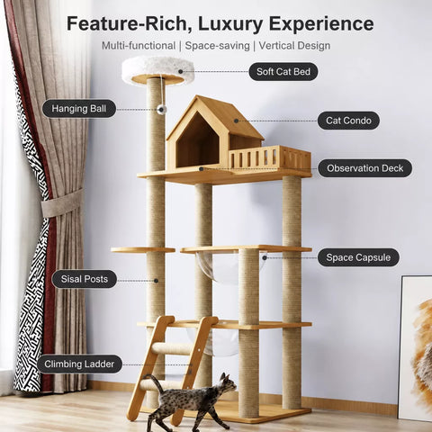 Multi-Level Solid Wood Cat Tree with Scratching Posts