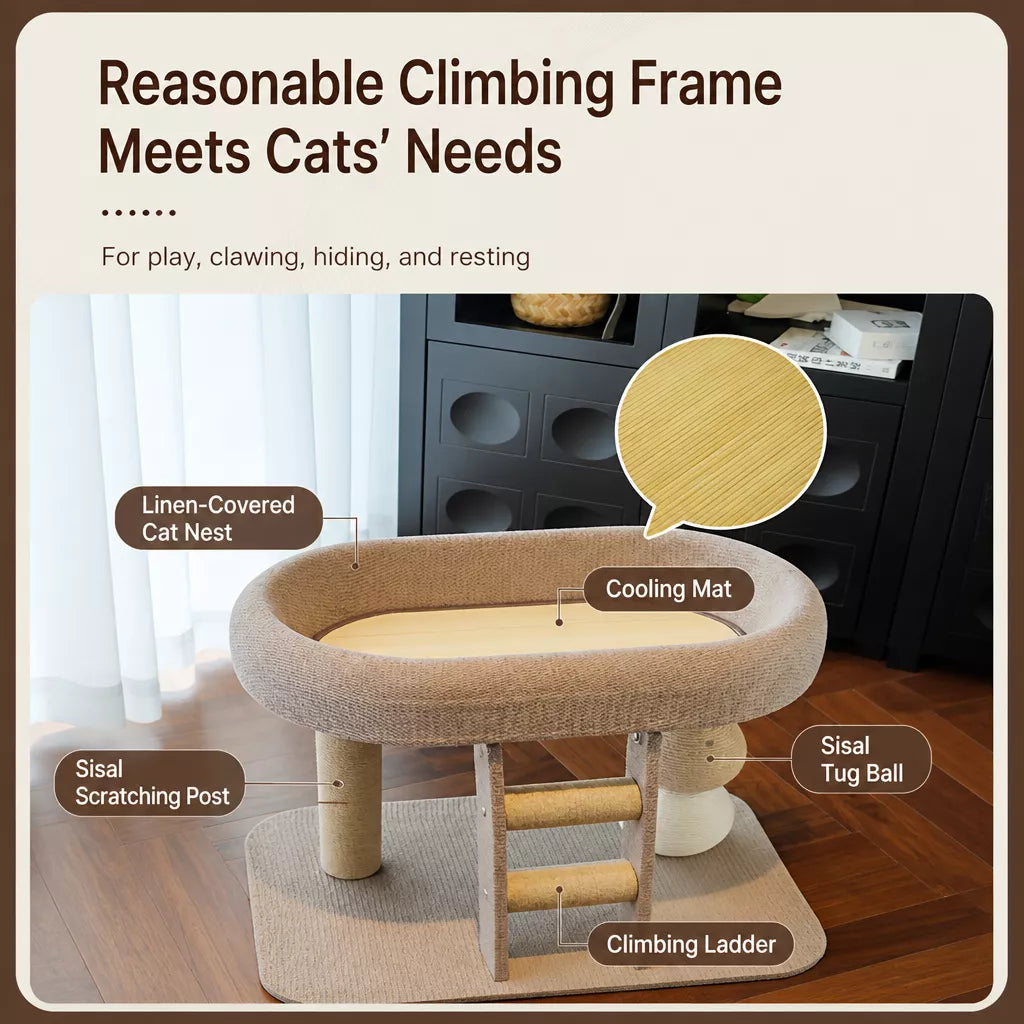 Two-Level Cat Tree with Oval Hideaway and Sisal Scratching Surface