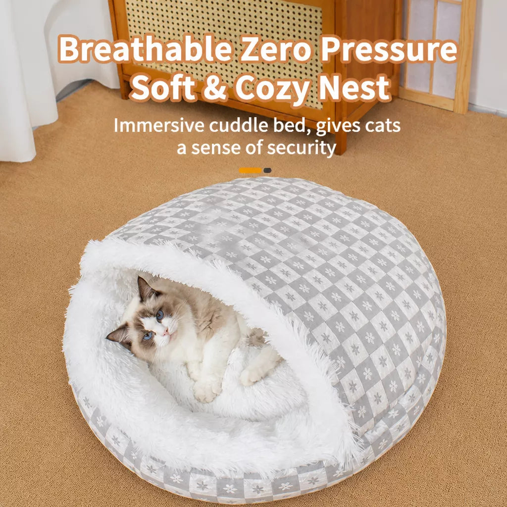 Enclosed Plush Pet Bed for Cats and Small Dogs