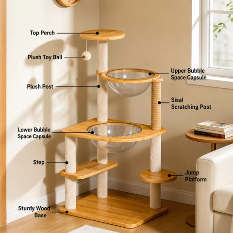 Multi-Level Cat Tree with Enclosed Cat House for Small Spaces
