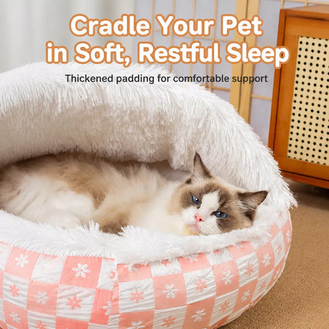 Enclosed Plush Pet Bed for Cats and Small Dogs