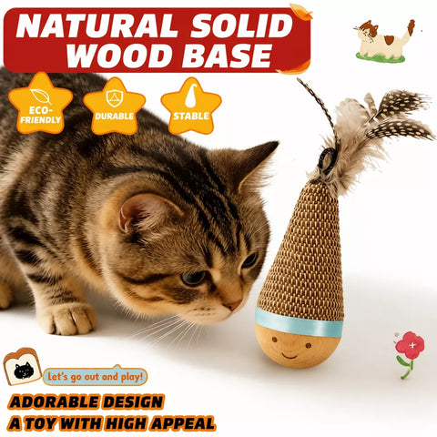 Burlap Feather Tumbler Toy with Solid Wood Base for Cats & Dogs