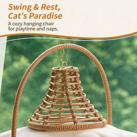 Handwoven Rattan Hanging Cat Bed with Cushion