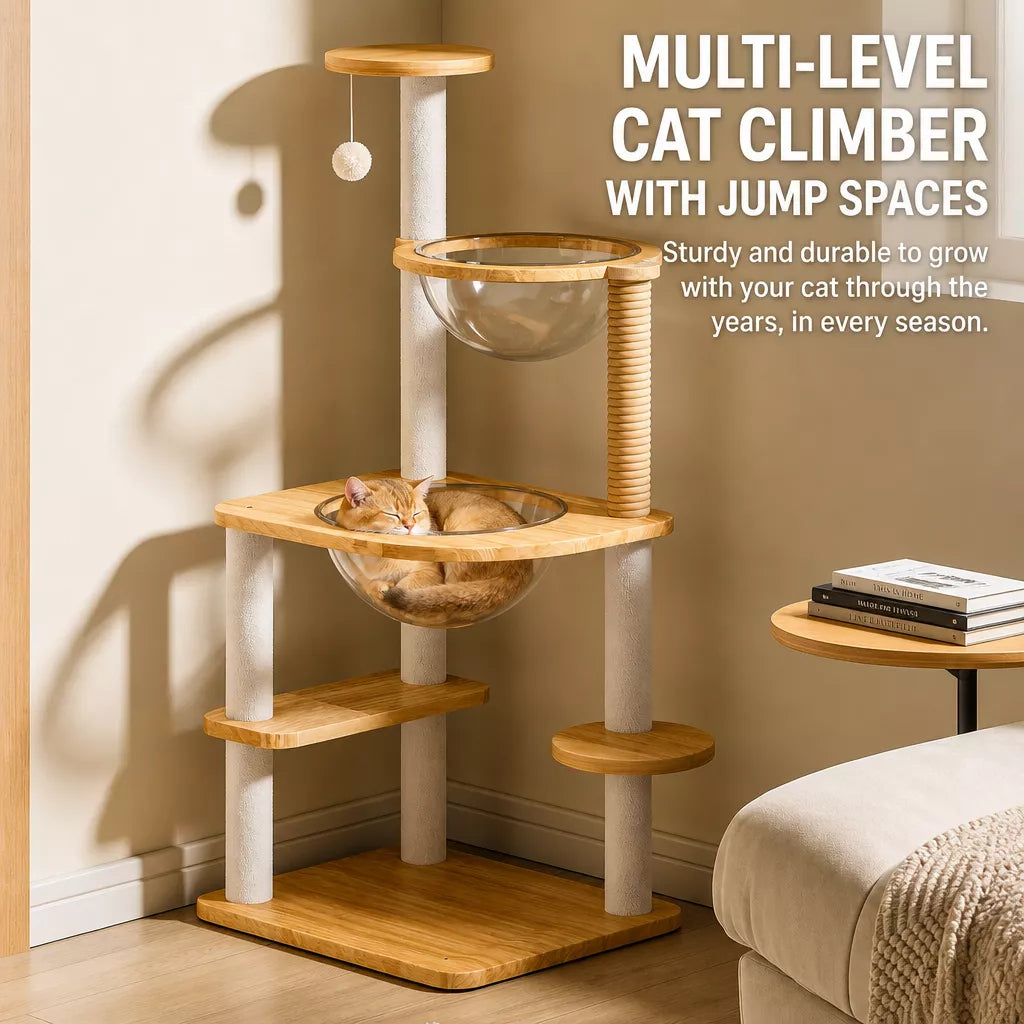 Multi-Level Cat Tree with Enclosed Cat House for Small Spaces