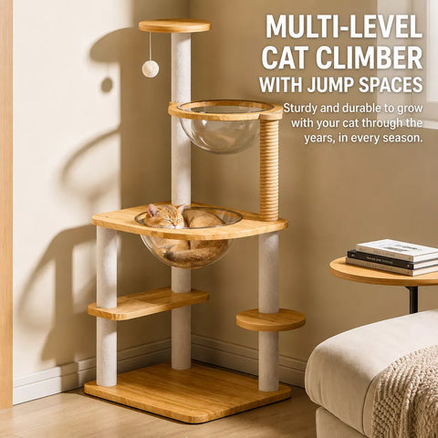 Multi-Level Cat Tree with Enclosed Cat House for Small Spaces