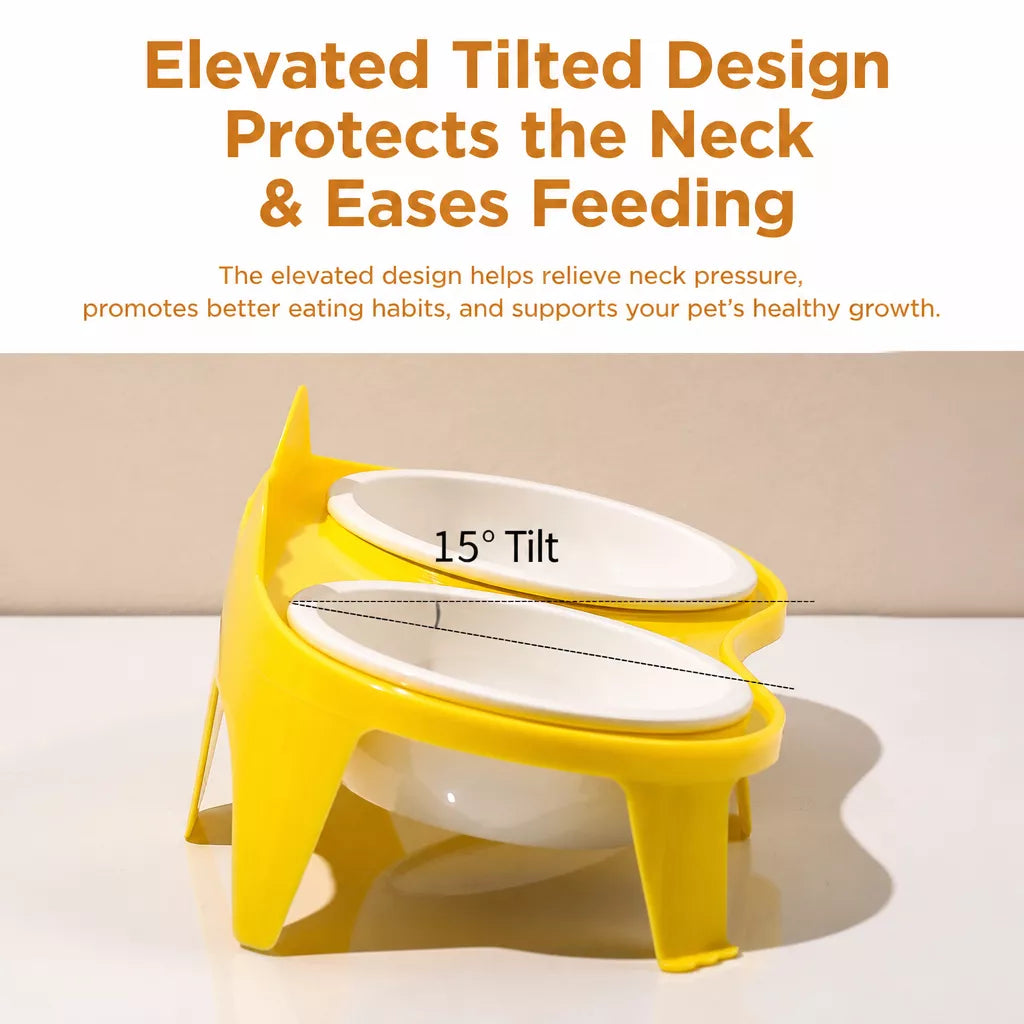 Ceramic Double Cat Bowl Set with Stand for Food and Water