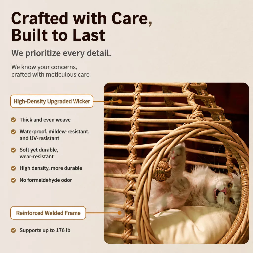 Handwoven Rattan Hanging Cat Bed with Cushion
