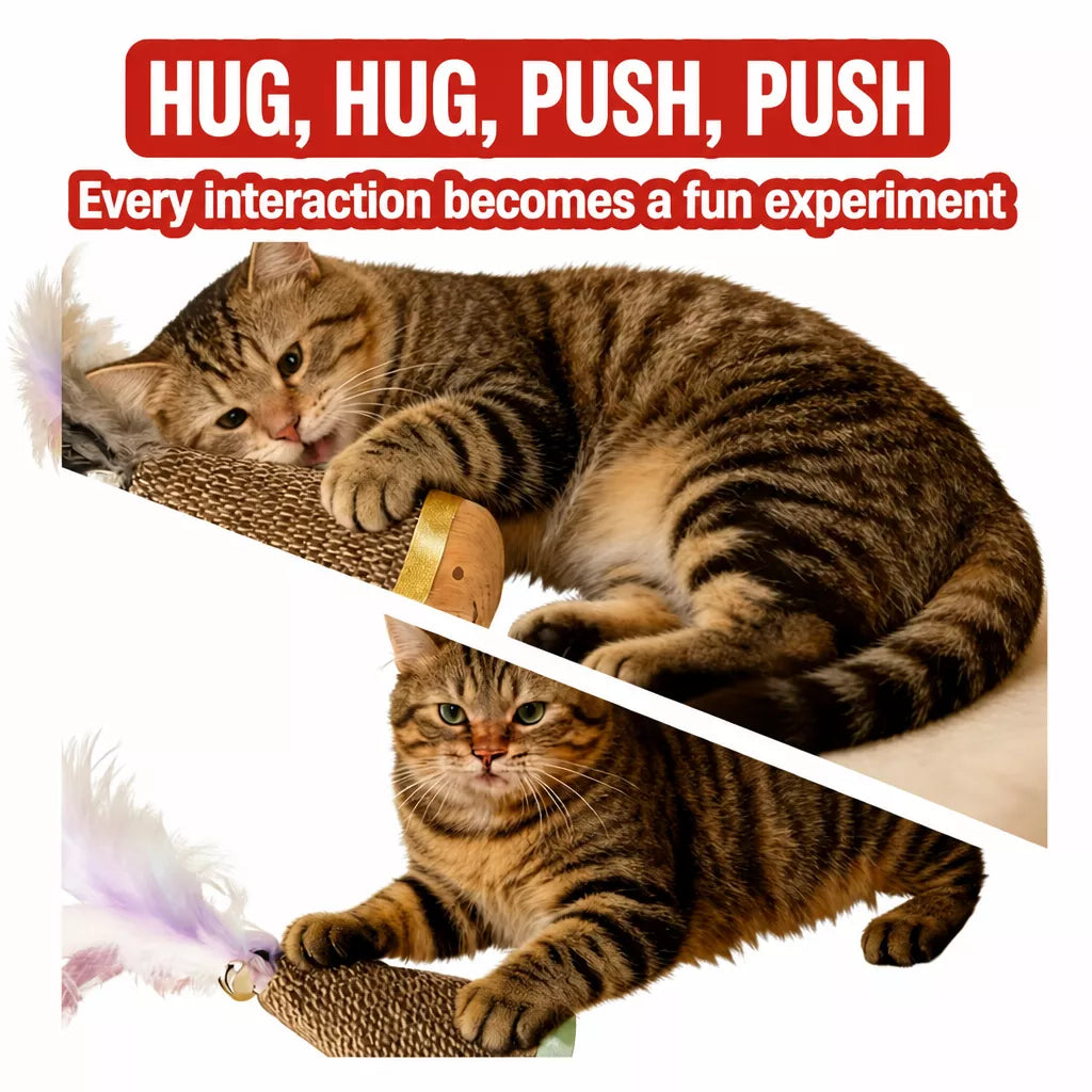Burlap Feather Tumbler Toy with Solid Wood Base for Cats & Dogs