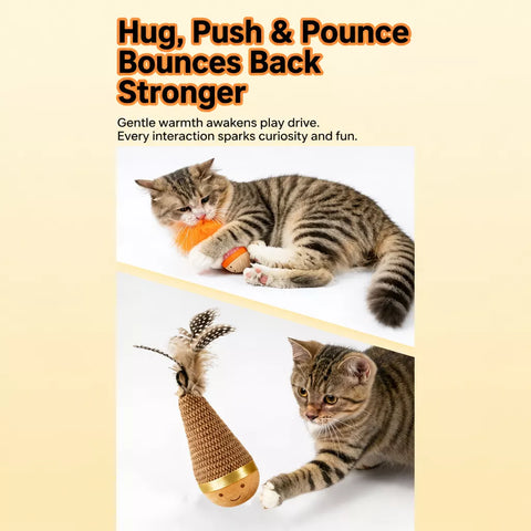 Burlap Feather Tumbler Toy with Solid Wood Base for Cats & Dogs